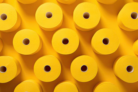 A yellow-colored backdrop with rolls of toilet paper.の素材
