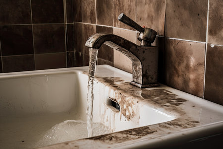 A white bathroom sink has a water tap faucet from which muddy and dirty water is flowing.の素材