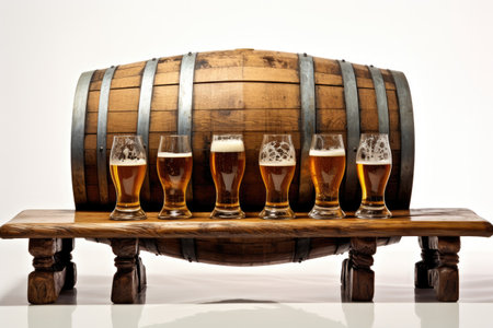 A wooden table holds a beer barrel accompanied by beer glasses, while being showcased on a white bacの素材
