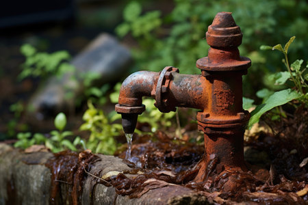 An antiquated water spigot in the garden that is covered in rust.の素材