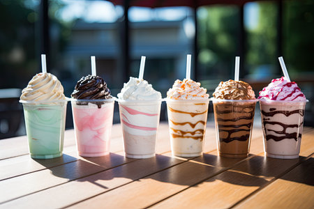 an assortment of milkshakes served in plastic cups placed on a wooden table outsideの素材