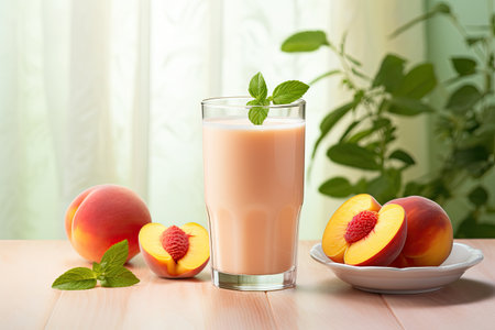 breakfast beverage consisting of peach-flavored yogurt, a refreshing peach smoothie made from freshの素材