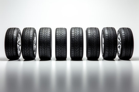 A picture showcasing nine brand new tires arranged in a formation, captured against a white backgrouの素材