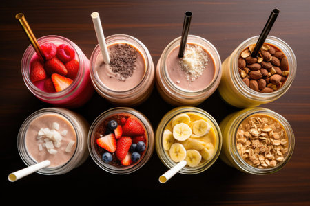 Assortment of milkshakes or smoothies served in mason jars. Flavors include banana, chocolate, and sの素材