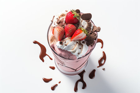 Bird's-eye view of a white backdrop showcasing a delectable milkshake consisting of strawberry, vaniの素材