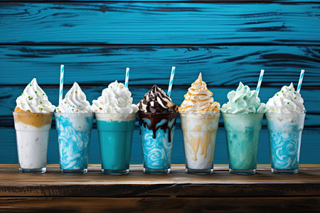 Blue wooden background showcasing delectable milkshakes.の素材