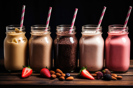 Assortment of milkshakes or smoothies served in mason jars. Flavors include banana, chocolate, and sの素材