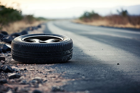 Car tires are situated on a surface of a road.の素材