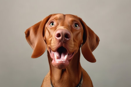 funny dog shows tongue hungarian vizsla on a white backgroundの素材