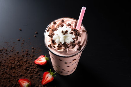 Bird's-eye view of a white backdrop showcasing a delectable milkshake consisting of strawberry, vaniの素材