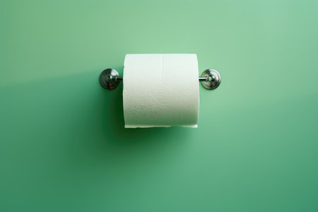 Close-up image of a green background with a toilet paper roll placed inside a holder.の素材