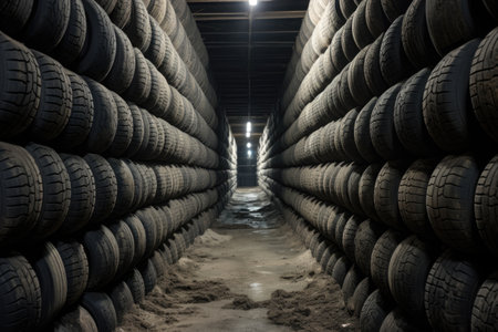 Car tires stored in a warehouseの素材