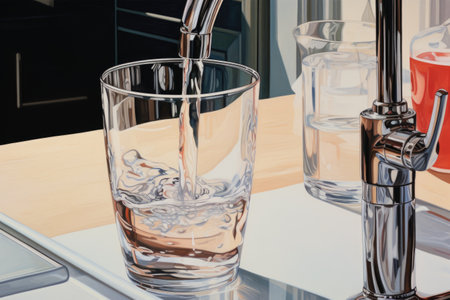 Close-up shot of a woman using the kitchen tap to pour water into a glass.の素材