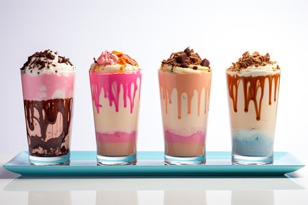 Delightful milkshake-filled glasses set against a white backdrop.の素材
