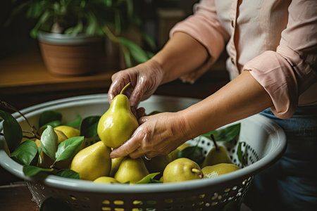 Close-up shot of a woman in the kitchen washing freshly picked and mature pears.の素材