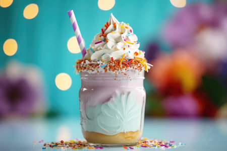 Colorful background with a delicious vanilla milkshake served in a glass.の素材