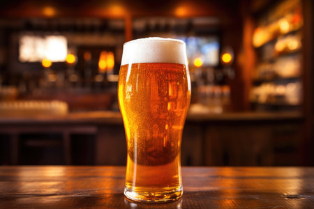 Craft beer that is light and chilled, poured into a glass, with a close-up shot of a pint of beer.の素材