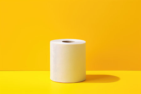 Advertising a roll of toilet paper positioned atop a vibrant yellow backdrop.の素材
