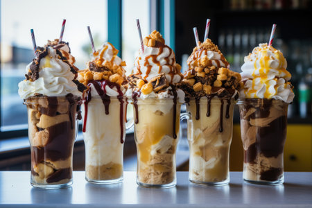Decadent milkshakes filled with caramel, chocolate, and other indulgent ingredients like waffles, poの素材