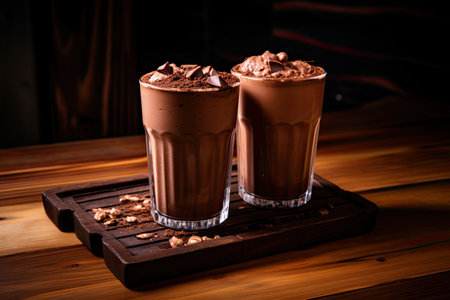 Closeup shot of wooden table with chocolate milkshake glasses.の素材