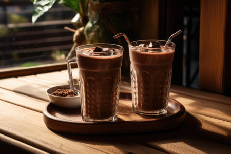 Closeup shot of wooden table with chocolate milkshake glasses.の素材
