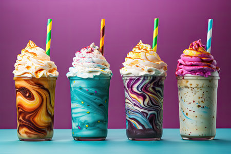 Colorful backgrounds with glasses full of delicious milkshakes.の素材