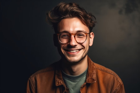 handsome caucasian man wearing casual clothes and glasses with a happy and cool smile on face luckyの素材