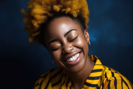 happy african american female model with yellow eyeliner in colorful outfit standing in studio withの素材