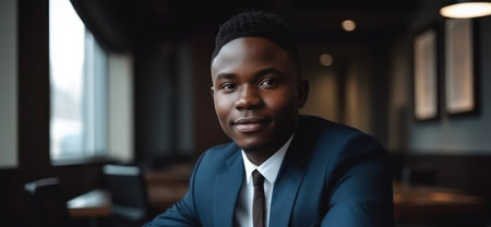 handsome cheerful african american executive business man at the workspace officeの素材