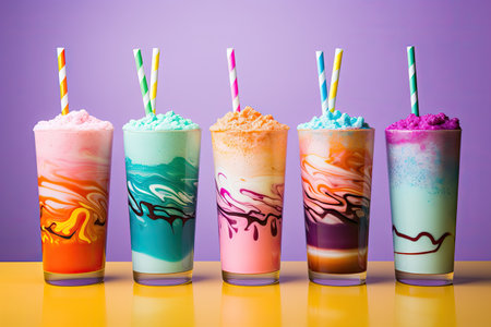 Colorful backgrounds with glasses full of delicious milkshakes.の素材