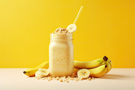 Glass jar filled with a nutritious vegan smoothie made from bananas and oatmeal, set against a brighの素材