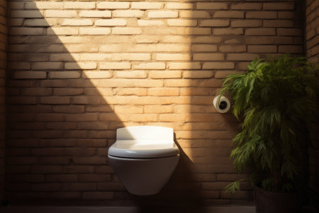 Recently installed ceramic toilet bowl adjacent to a well-lit wall.の素材