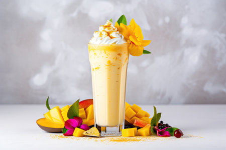 In the front view, there is a mango milkshake topped with cream and adorned with an assortment of frの素材