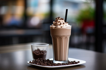 Selective focus is used to create a close-up horizontal image of a chocolate milkshake.の素材