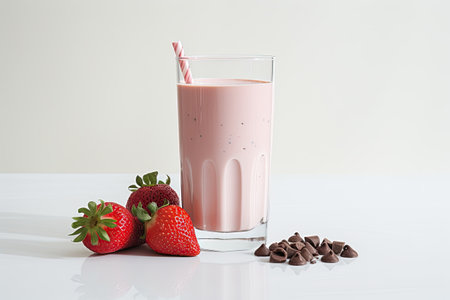 There is a white background with a glass filled with strawberry milk and chocolate milk overflowing.の素材