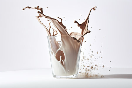 Milk and chocolate milk spilling from a glass, against a pure white backdrop.の素材