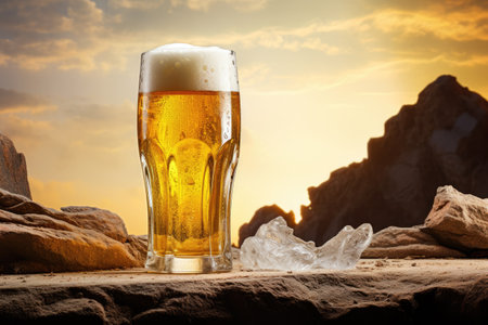 Refreshing ice cold beer set against a backdrop.の素材