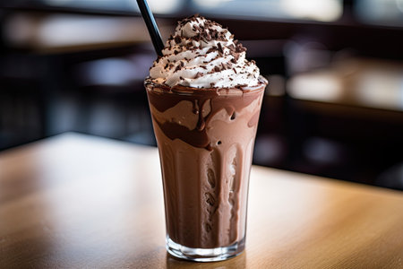 Selective focus is used to create a close-up horizontal image of a chocolate milkshake.の素材