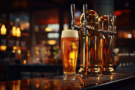 The beer faucets at a bar. The idea of alcoholic beverages. Serving a client with a glass of beer.の素材