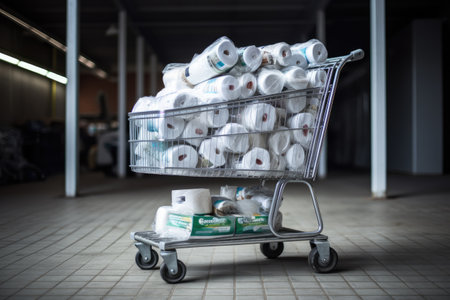 Shopping trolley packed with bundles of toilet paper in a supermarket.の素材