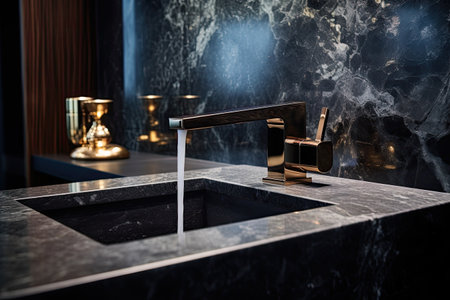 The faucet in the pristine and well-lit bathroom produces chilled water.の素材