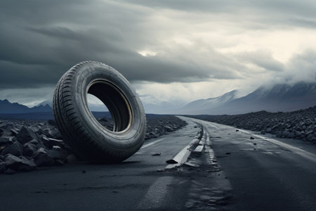 The road had car tires placed on it.の素材
