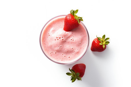 Top view of a glass containing a refreshing strawberry milkshake or smoothie, standing alone againstの素材