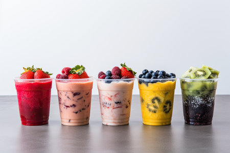 Takeout drinks featuring a selection of fruit smoothies with blueberries, strawberries, kiwis, blackの素材