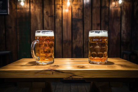 Two lagers placed on a table made of wood.の素材