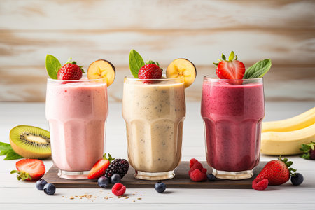 Three different types of protein milkshakes presented in glasses adorned with fruits on a vintage whの素材