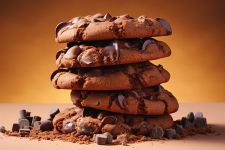 The chocolate cookies are overwhelmingly present on a plain beige background.の素材