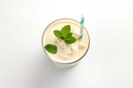 Top view of a glass containing a banana milkshake or smoothie, accompanied by a drinking straw and mの素材