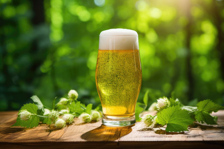On a wooden table set against a backdrop of lush green nature, there sits a glass containing a refreの素材