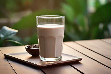 There is a delicious glass of chocolate milk placed on a wooden table with room for writing. This beの素材